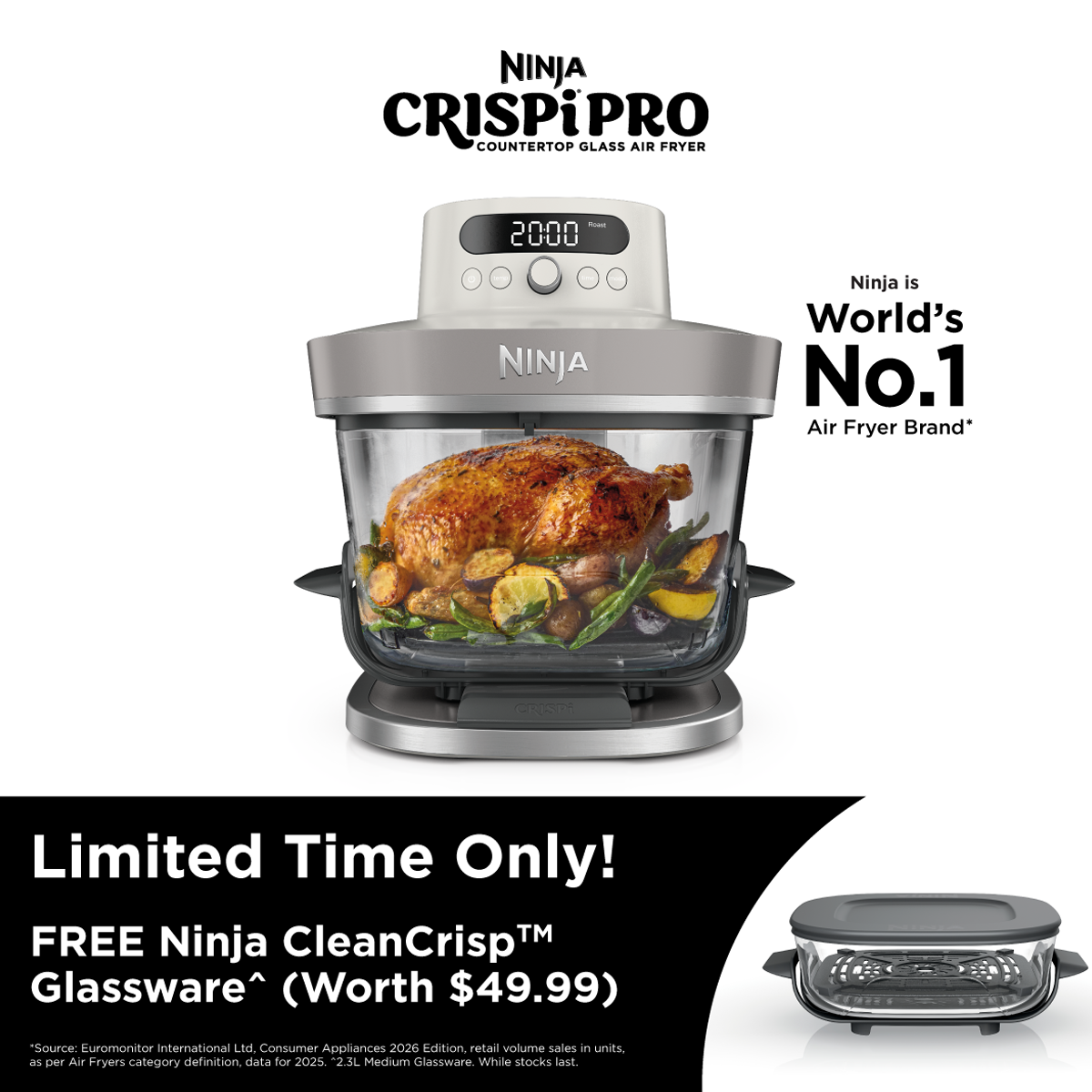 AS101 CRISPI PRO GLASS AIRFRYER | Free Ninja CleanCrisp Cookware Worth $49.99
