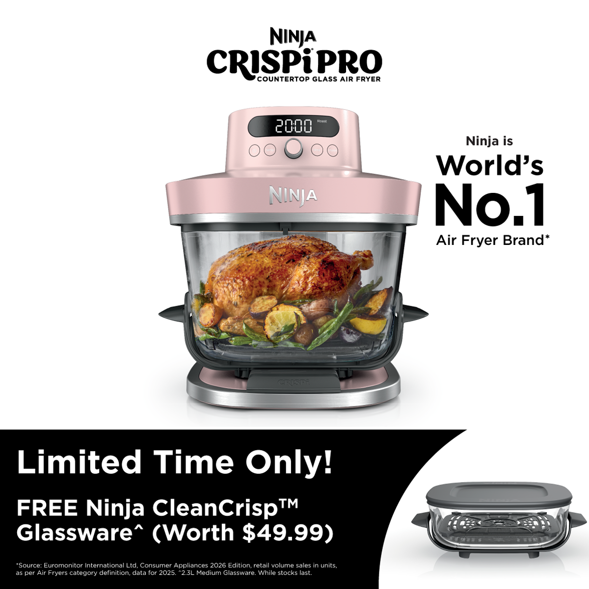 AS101 CRISPI PRO GLASS AIRFRYER | Free Ninja CleanCrisp Cookware Worth $49.99